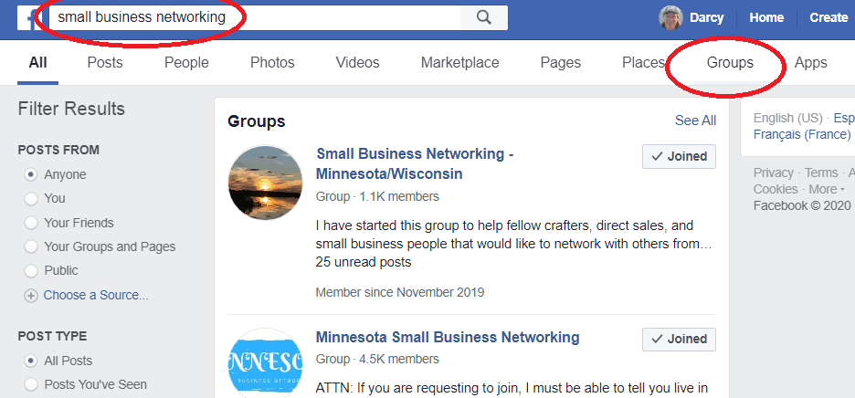 Searching for Facebook groups