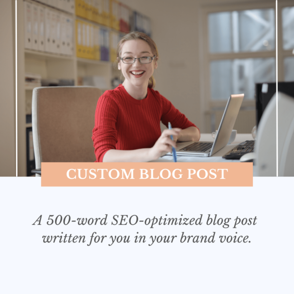 Photo of woman at computer wearing red shirt, with text that says "Custom Blog Post"