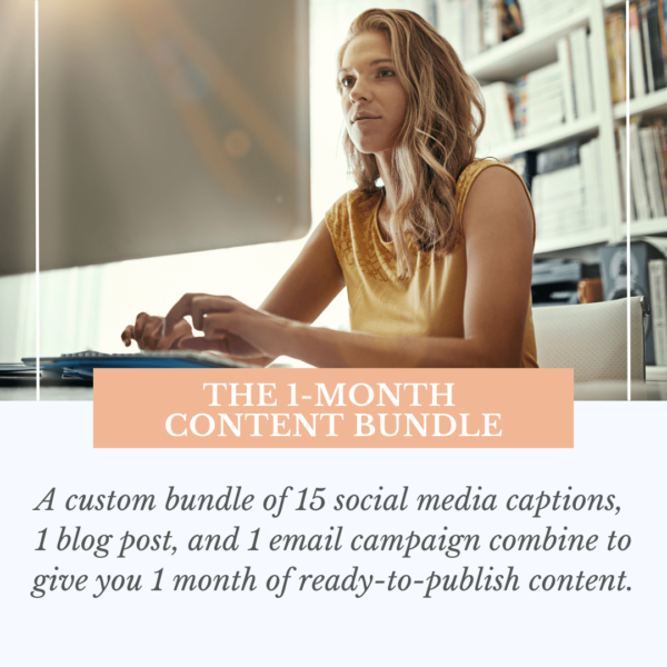 Product promo image for one-month content bundle of social media captions, email newsletter, and blog post