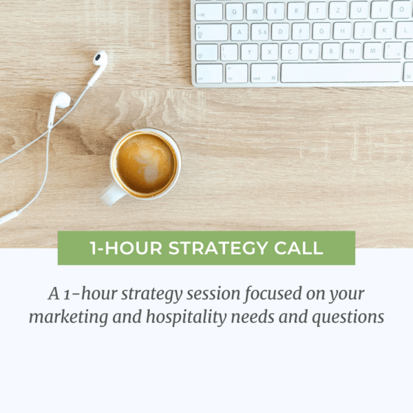 1 hour strategy call promo graphic for shop that says it is a strategy session focused on your marketing and hospitality needs and questions